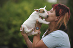 woman with Miniature Bullterrier