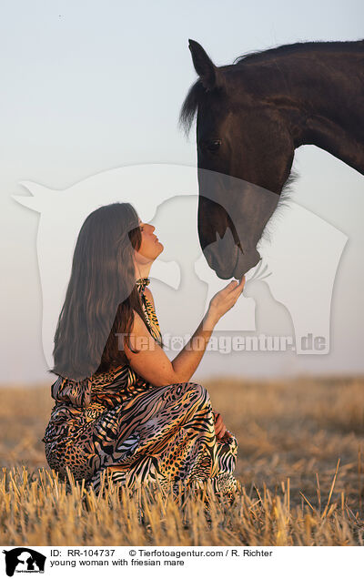 young woman with friesian mare / RR-104737