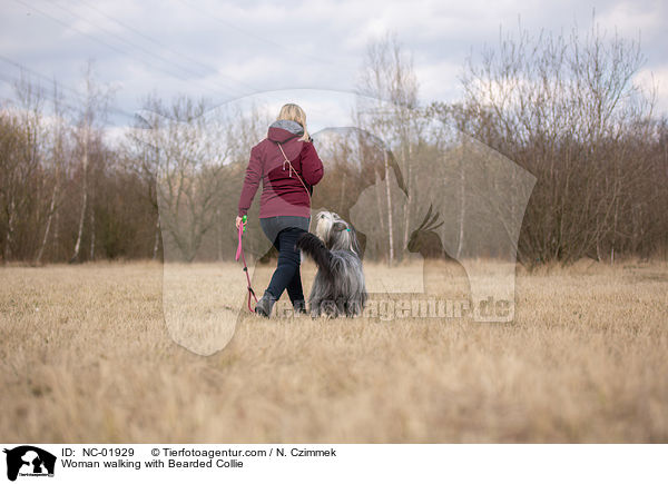 Woman walking with Bearded Collie / NC-01929