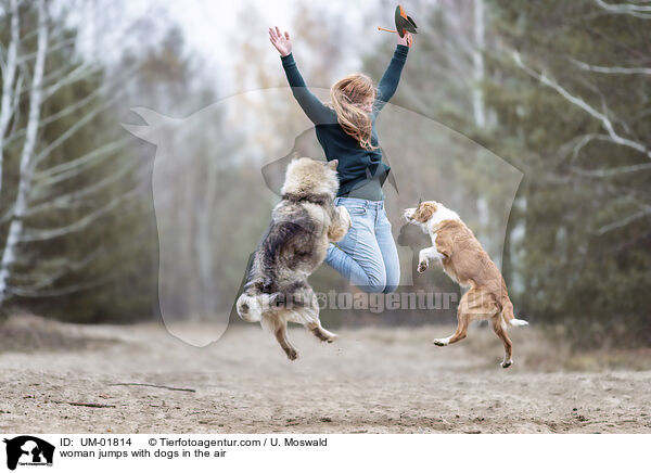 woman jumps with dogs in the air / UM-01814
