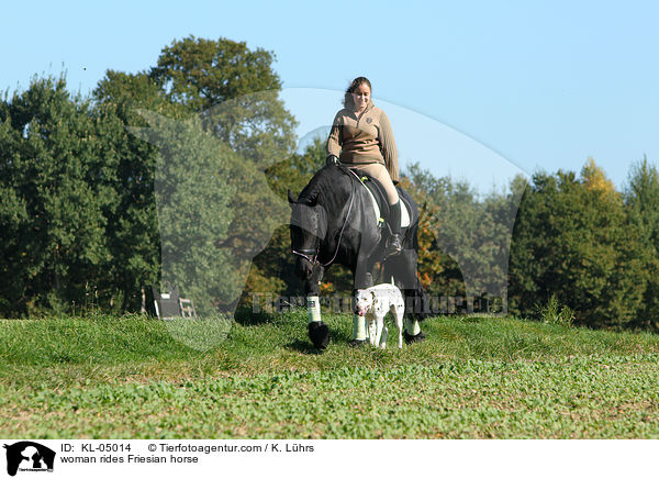 woman rides Friesian horse / KL-05014