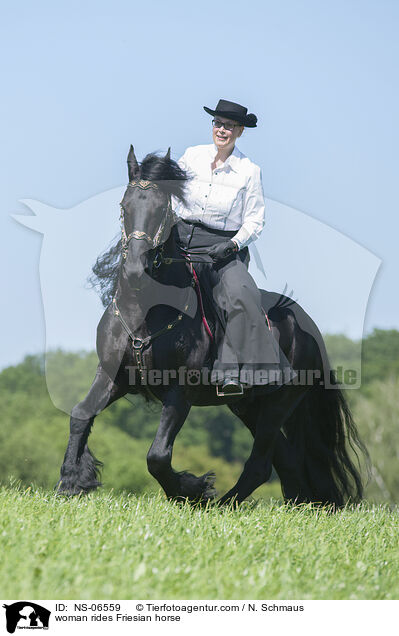 woman rides Friesian horse / NS-06559