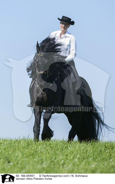 woman rides Friesian horse / NS-06561
