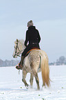 woman rides warmblood in the snow