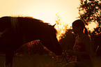 woman with Shetland Pony in sunset light